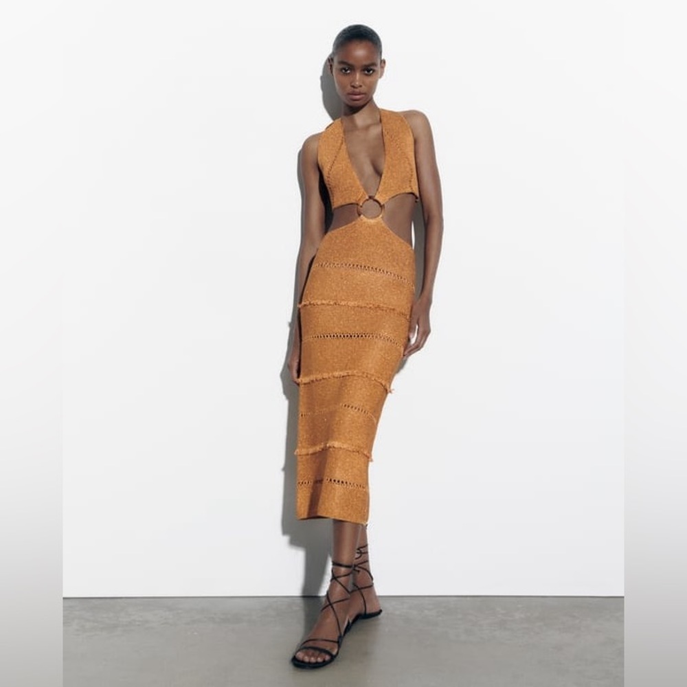 ZARA BUCKLED METALLIC THREAD KNIT DRESS GOLDEN SZ M